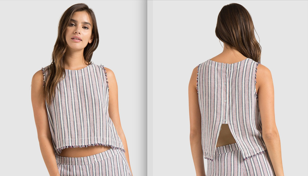 Anthropologie Cloth & Stone Tank Top Button Back Striped Large Raw Edge Beachy
